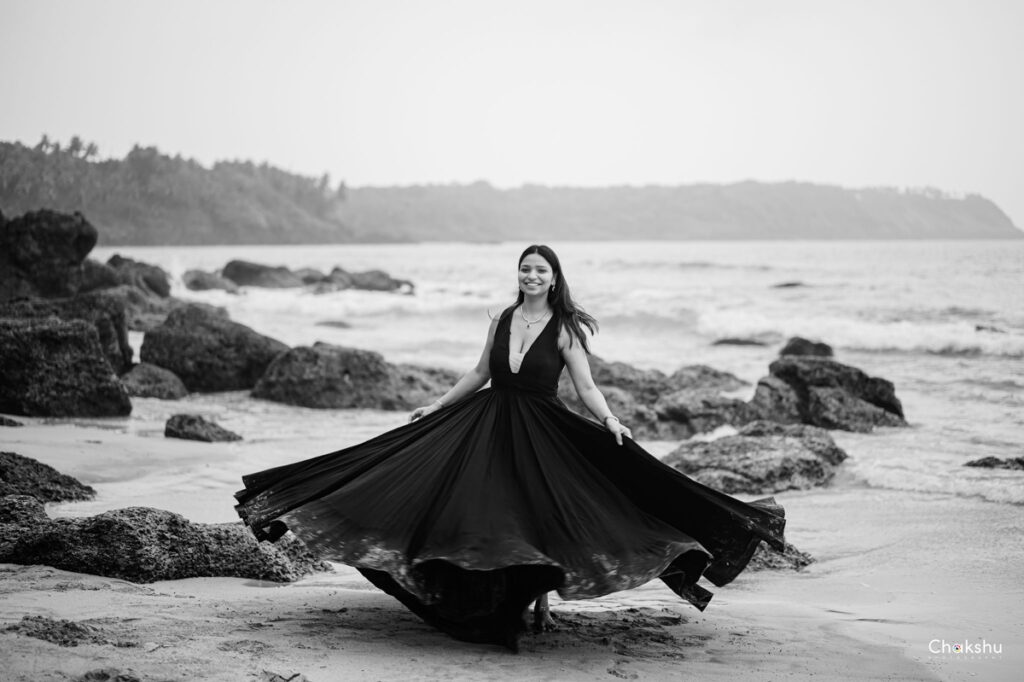 A beautiful bride image in a black dress picture captured by the best pre-wedding photographer in Delhi