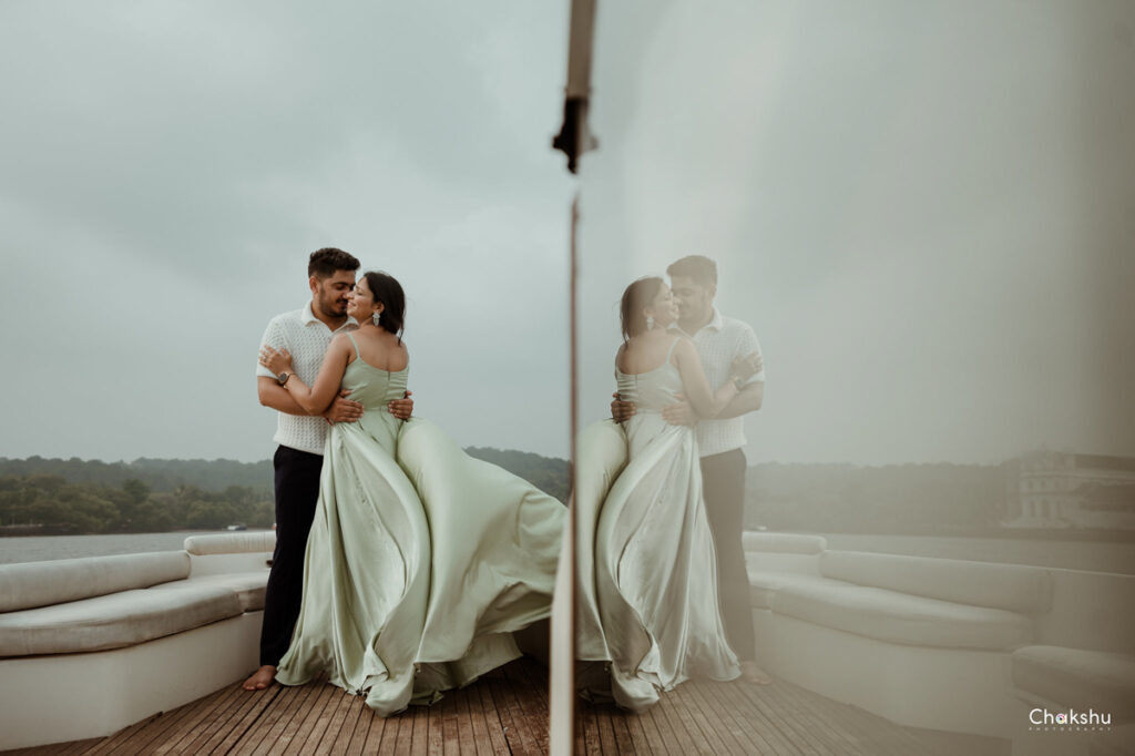 A beautiful couple standing in a ship image captured by wedding photographer in Delhi/NCR.